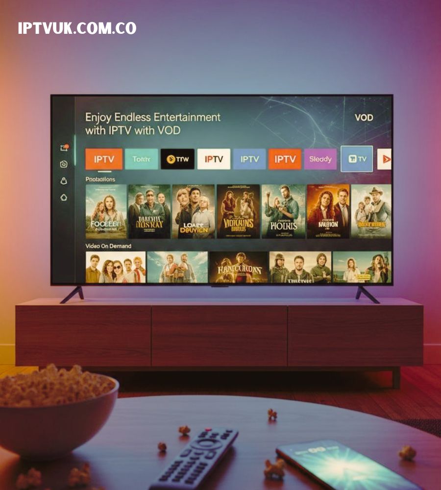 Modern IPTV streaming technology showing HD/4K quality video playback on multiple devices including Smart TV, Firestick, and mobile